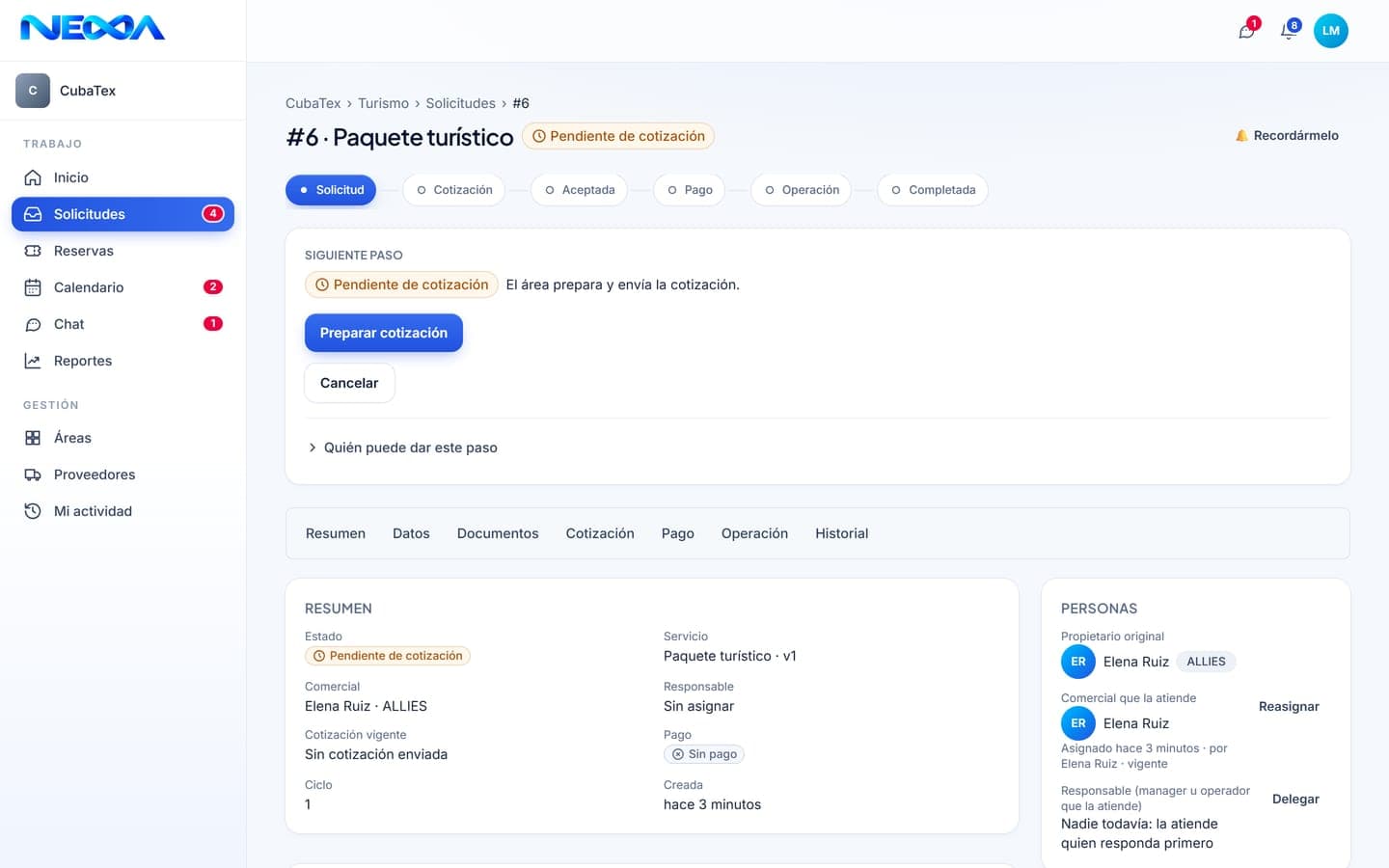 Tela de uma solicitação com etapas e responsáveis no sistema NEXA